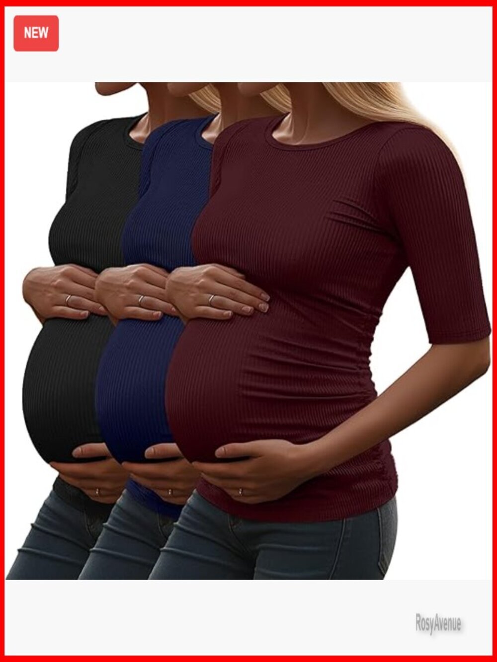 Maternity Cotton T-Shirt 3 Pack Ribbed Half Sleeve Side Ruched Tunic Tops